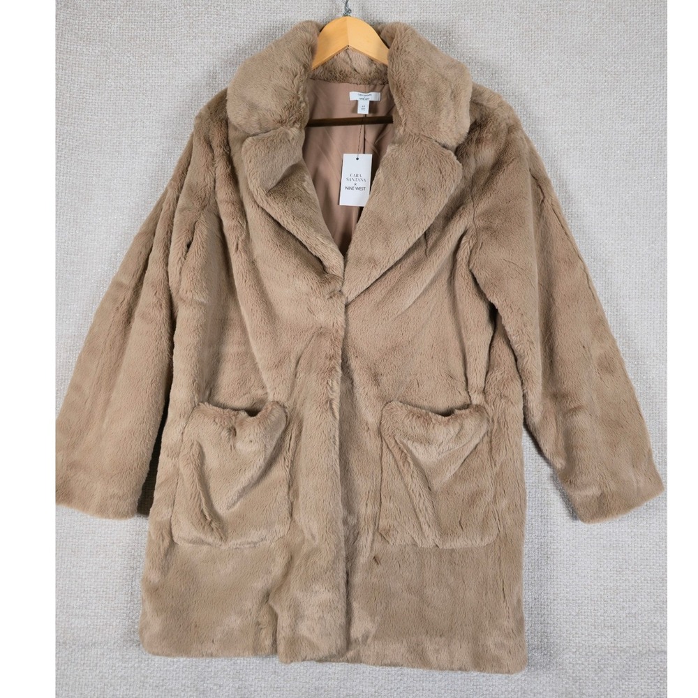 Cara‎ Santana x Nine West Womens Camel Faux Fur Coat Size Medium New